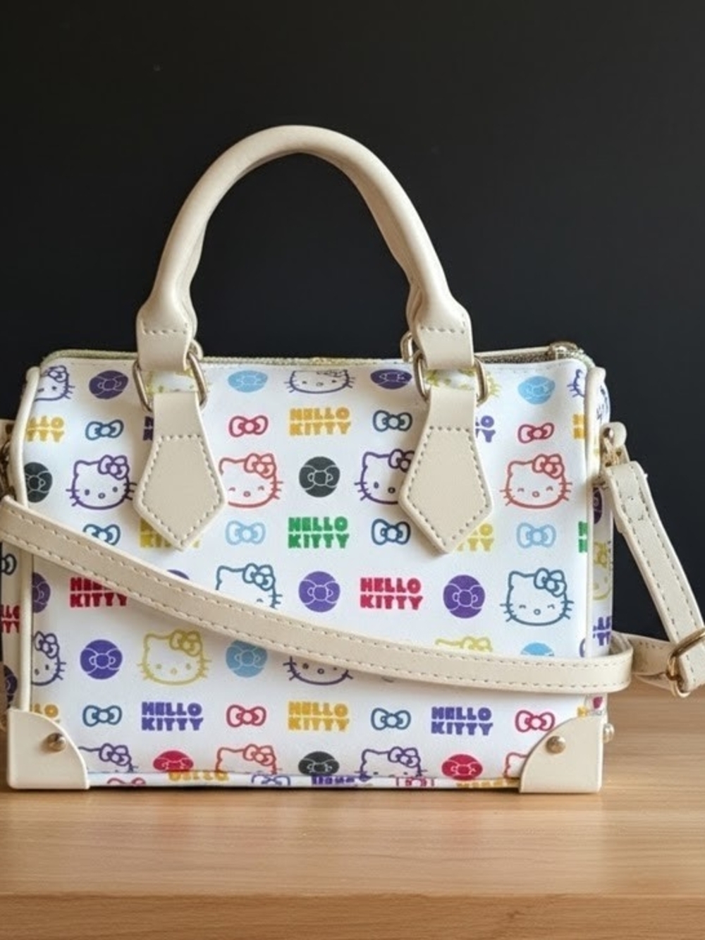 Hello Kitty Multicolor Mini Crossbody Bag w/Metal Feet Beige Trim Sanrio Gift